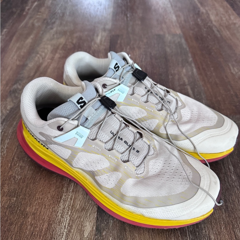 Salomon Ultra Glide 2 Quicklace Mesh Running Shoes Beige Yellow Red - Picture 2 of 3